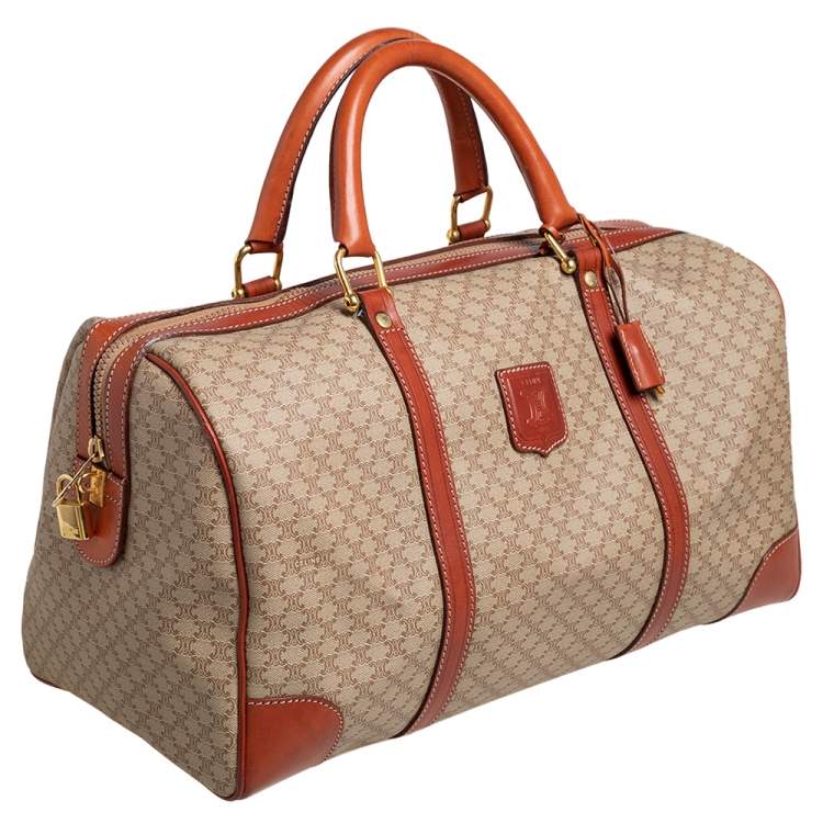 Pre Owned Celine Tan//Beige Macadam PVC and Leather Trim Duffel Bag