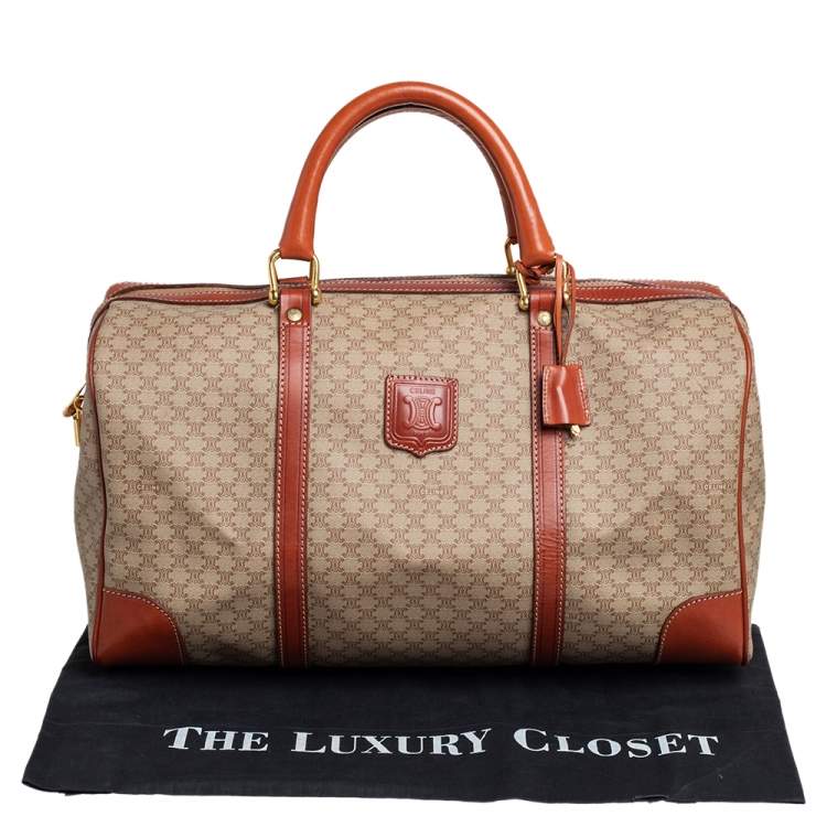 Pre Owned Celine Tan//Beige Macadam PVC and Leather Trim Duffel Bag