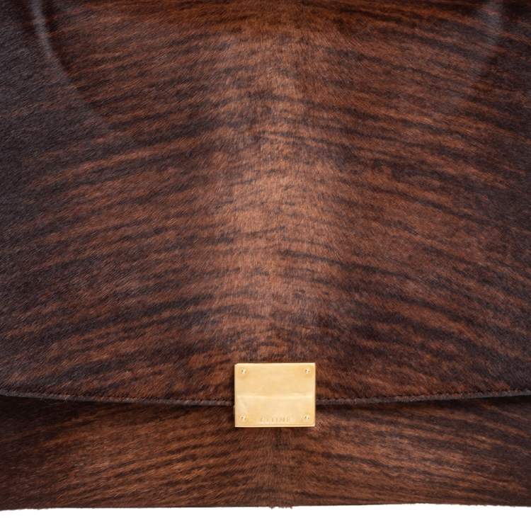 Pre Owned Celine Black/Brown Calf Hair and Leather Medium Trapeze Top Handle Bag