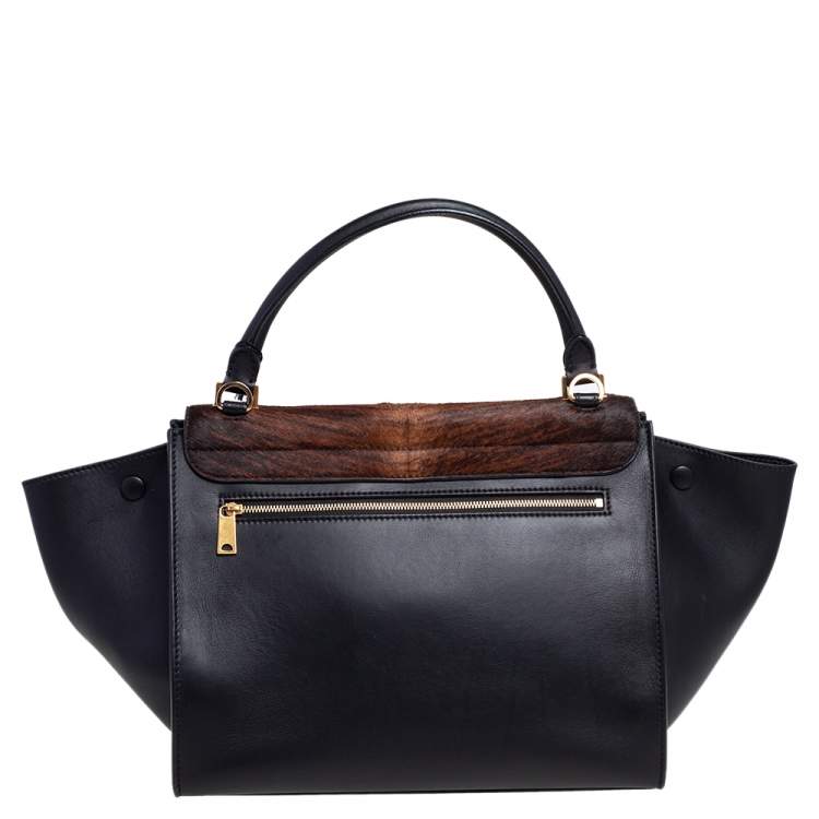 Pre Owned Celine Black/Brown Calf Hair and Leather Medium Trapeze Top Handle Bag