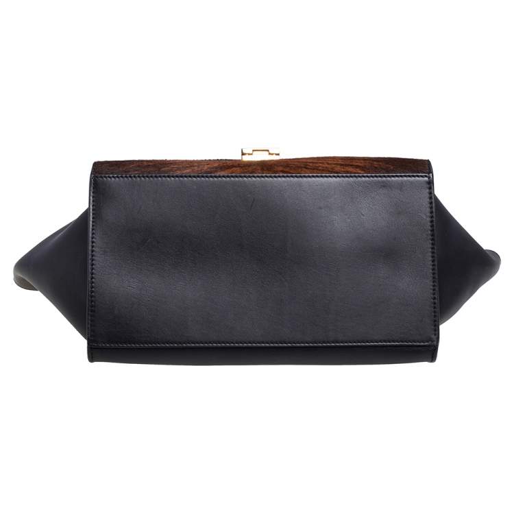 Pre Owned Celine Black/Brown Calf Hair and Leather Medium Trapeze Top Handle Bag