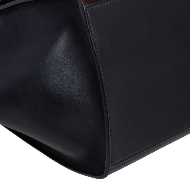 Pre Owned Celine Black/Brown Calf Hair and Leather Medium Trapeze Top Handle Bag