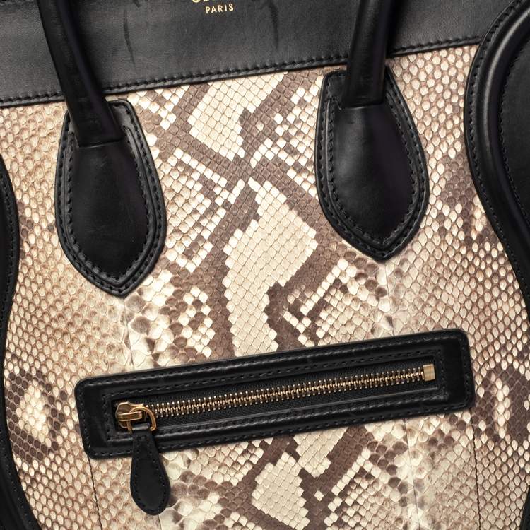 Pre Owned Céline Black/Beige Python and Leather Mini Luggage Tote