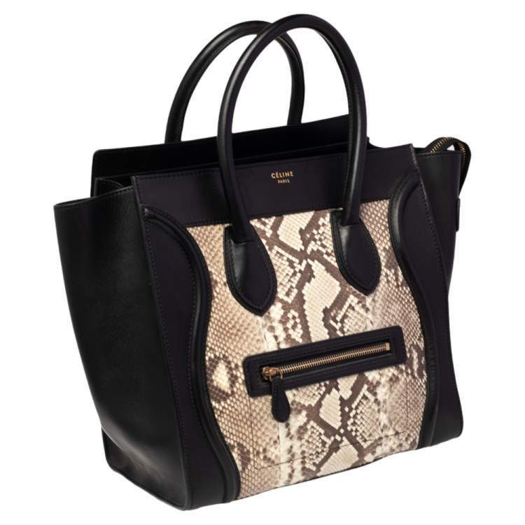 Pre Owned Céline Black/Beige Python and Leather Mini Luggage Tote