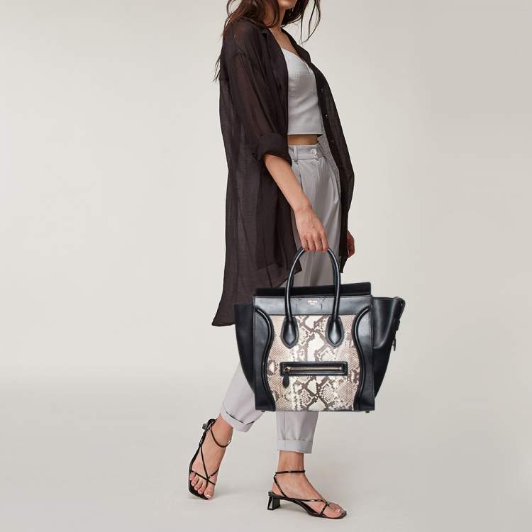 Pre Owned Céline Black/Beige Python and Leather Mini Luggage Tote