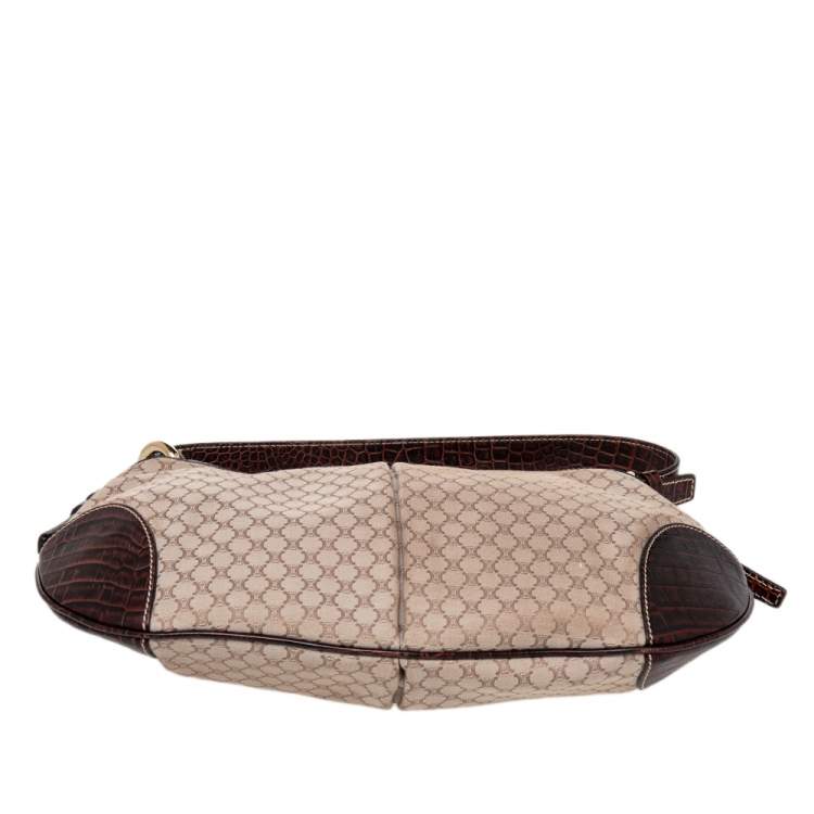 Pre Owned Celine Cream/Brown Canvas And Croc Leather Macadam Hobo