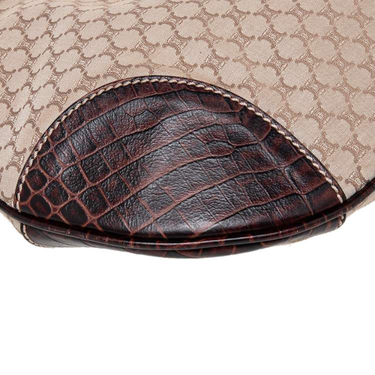 Pre Owned Celine Cream/Brown Canvas And Croc Leather Macadam Hobo