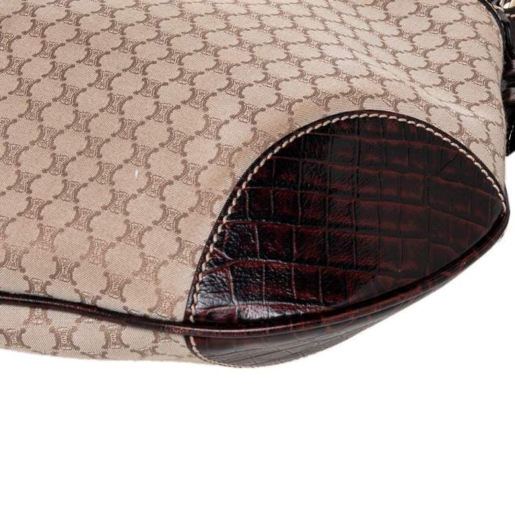 Pre Owned Celine Cream/Brown Canvas And Croc Leather Macadam Hobo