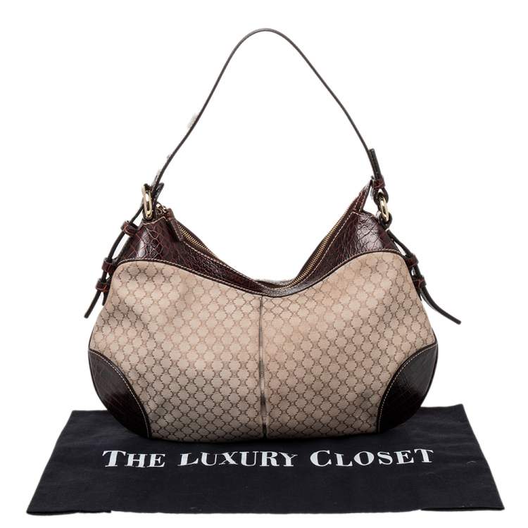 Pre Owned Celine Cream/Brown Canvas And Croc Leather Macadam Hobo