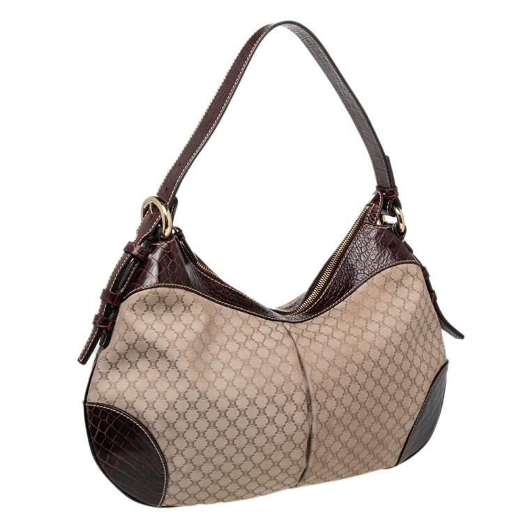 Pre Owned Celine Cream/Brown Canvas And Croc Leather Macadam Hobo