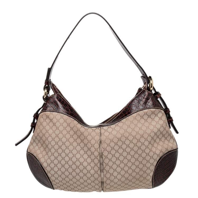 Pre Owned Celine Cream/Brown Canvas And Croc Leather Macadam Hobo