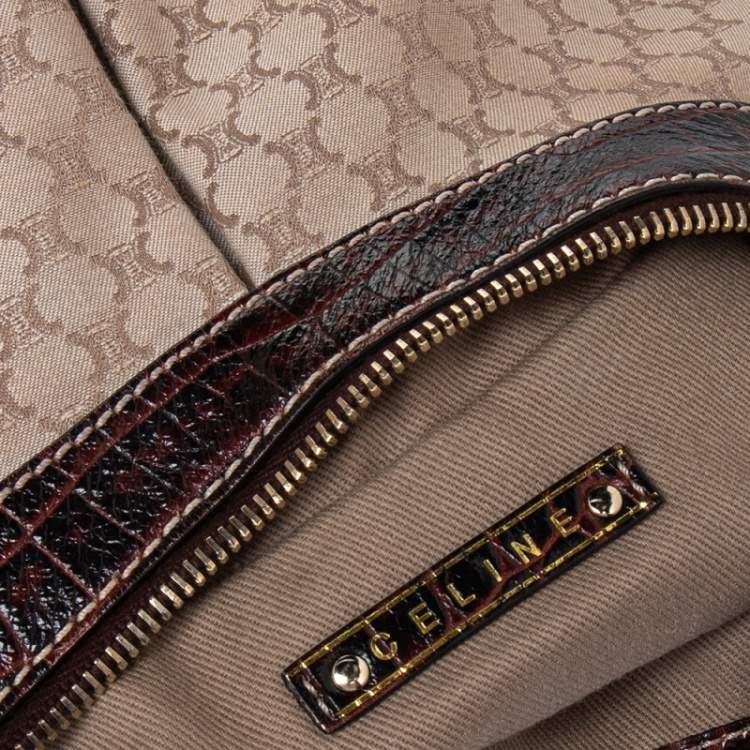 Pre Owned Celine Cream/Brown Canvas And Croc Leather Macadam Hobo