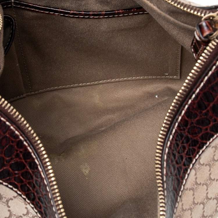 Pre Owned Celine Cream/Brown Canvas And Croc Leather Macadam Hobo