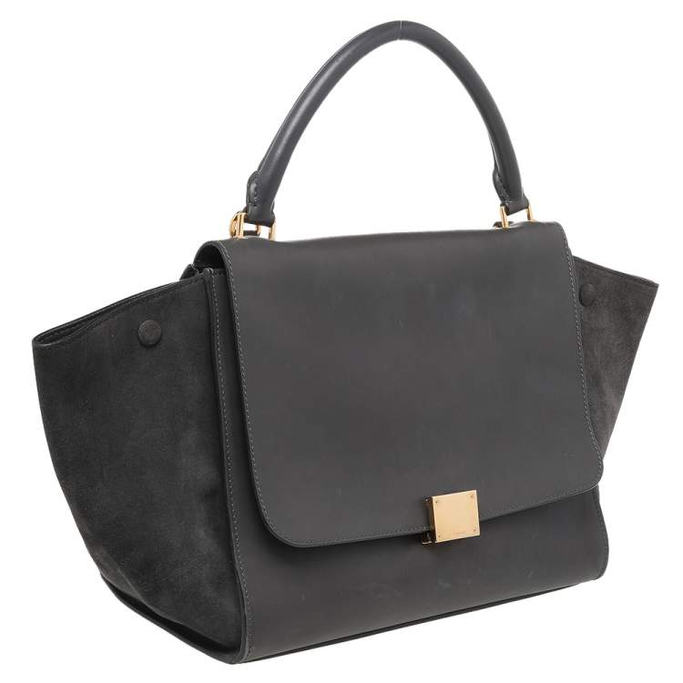 Pre Owned Celine Dark Grey Leather and Suede Medium Trapeze Top Handle Bag
