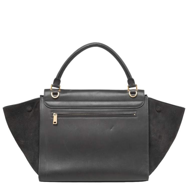 Pre Owned Celine Dark Grey Leather and Suede Medium Trapeze Top Handle Bag