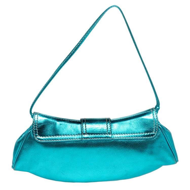 Pre Owned Celine Metallic Blue Leather Baguette Bag