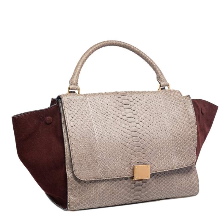 Pre Owned Celine Brown/Grey Python Leather And Suede Medium Trapeze Top Handle Bag