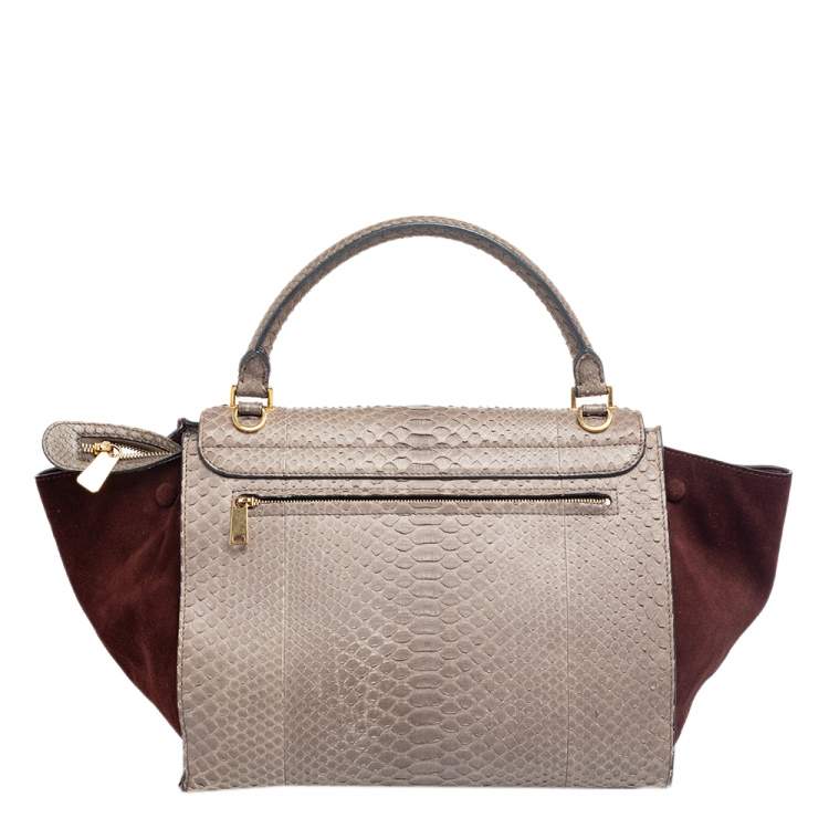 Pre Owned Celine Brown/Grey Python Leather And Suede Medium Trapeze Top Handle Bag