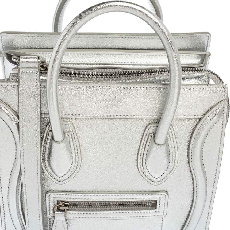 Pre Owned Céline Metallic Silver Leather Nano Luggage Tote