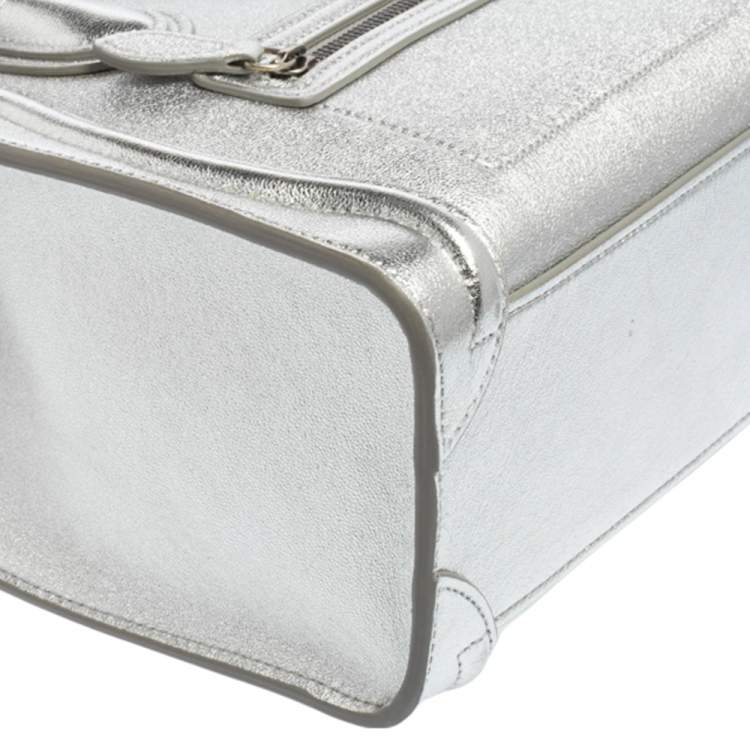 Pre Owned Céline Metallic Silver Leather Nano Luggage Tote