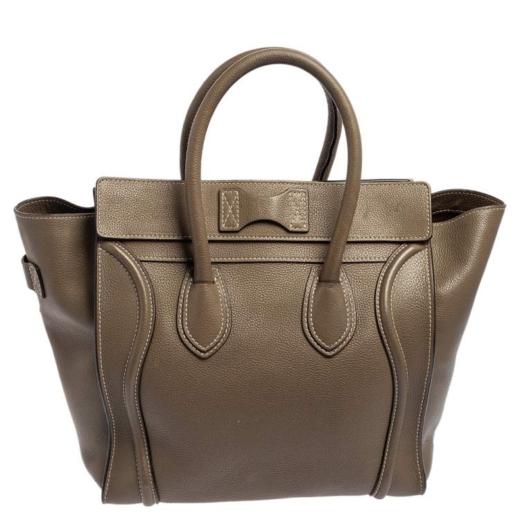 Pre Owned Celine Khaki Green Leather Mini Luggage Tote