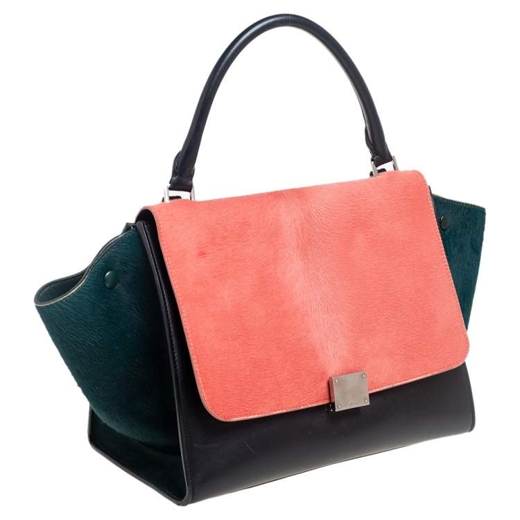 Pre Owned Celine Tri Color Leather and Pony Hair Medium Trapeze Top Handle Bag