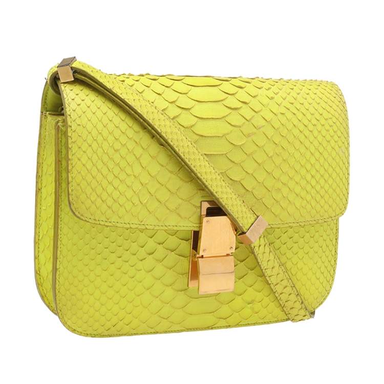 Pre Owned Celine Neon Yellow Python Leather Medium Box Shoulder Bag