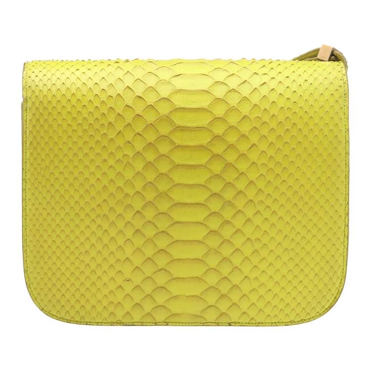 Pre Owned Celine Neon Yellow Python Leather Medium Box Shoulder Bag