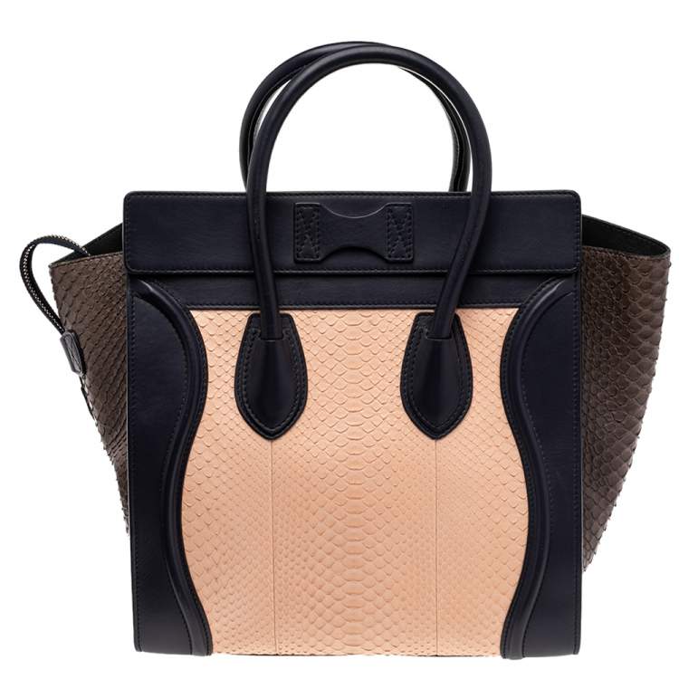 Pre Owned Celine Tri Color Python And Leather Mini Luggage Tote