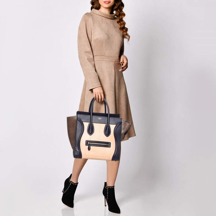 Pre Owned Celine Tri Color Python And Leather Mini Luggage Tote
