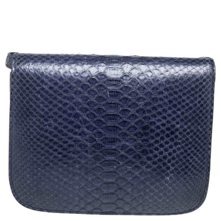 Pre Owned Celine Navy Blue Python Medium Classic Box Shoulder Bag