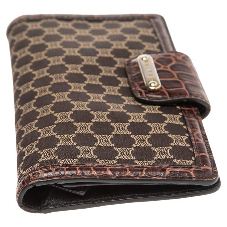 Pre Owned Celine Brown Macadam Canvas and Croc Embossed Leather French Wallet
