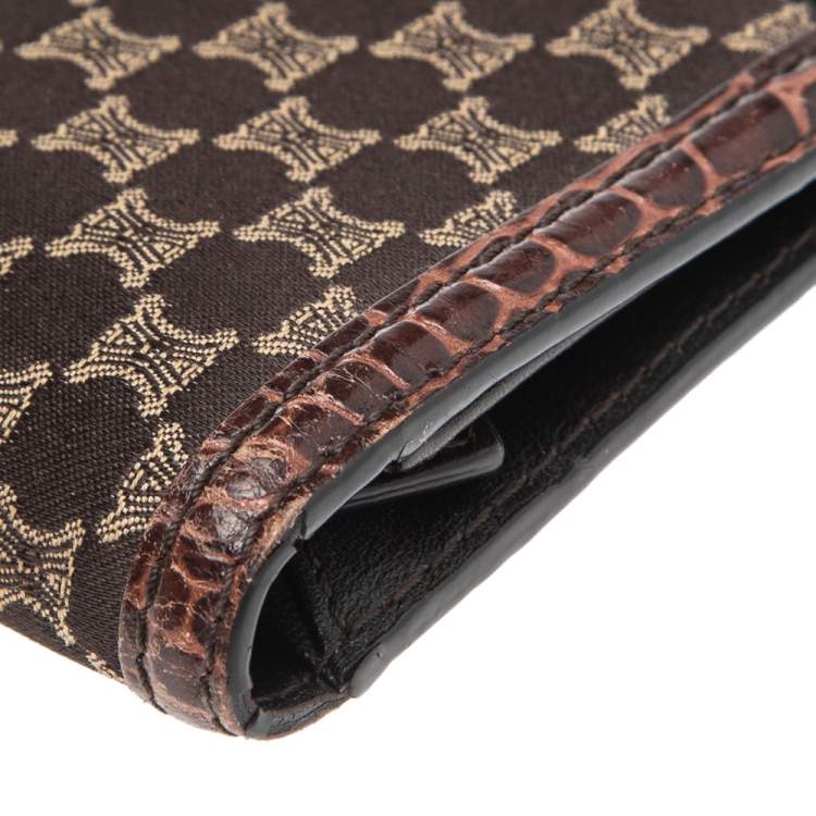Pre Owned Celine Brown Macadam Canvas and Croc Embossed Leather French Wallet