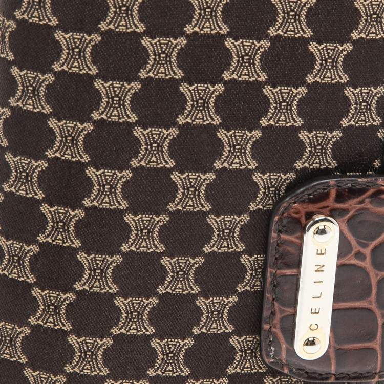 Pre Owned Celine Brown Macadam Canvas and Croc Embossed Leather French Wallet