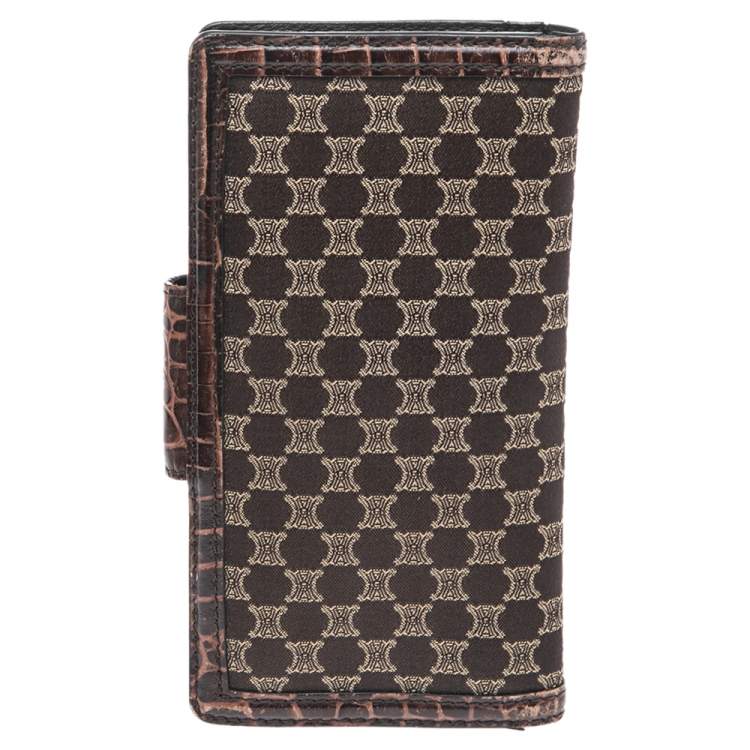 Pre Owned Celine Brown Macadam Canvas and Croc Embossed Leather French Wallet