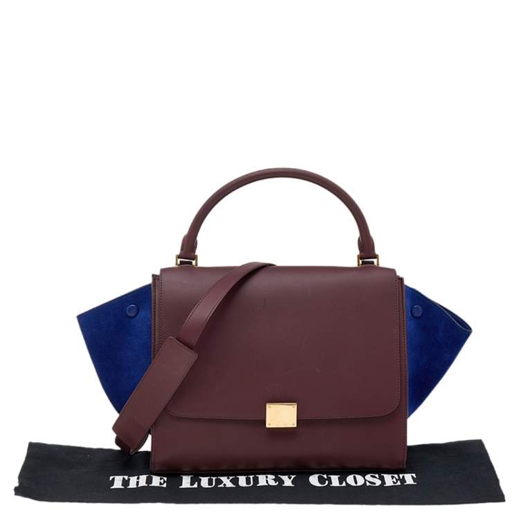 Pre Owned Celine Burgundy/Blue Leather And Suede Medium Trapeze Bag
