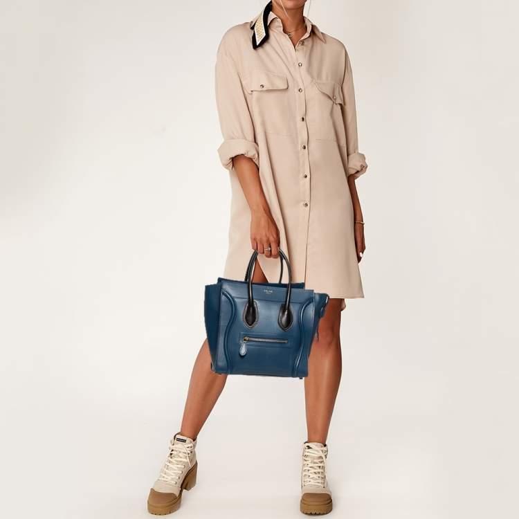 Pre Owned Celine Blue/Black Leather Micro Luggage Tote