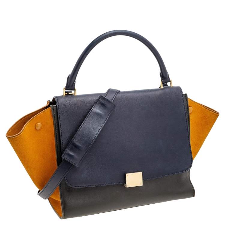 Pre Owned Celine Tri Color Leather and Suede Medium Trapeze Top Handle Bag