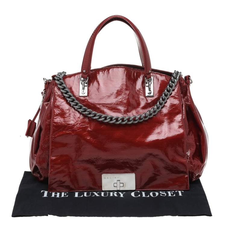 Pre Owned Celine Red Patent Leather Turnlock Flap Chain Bag