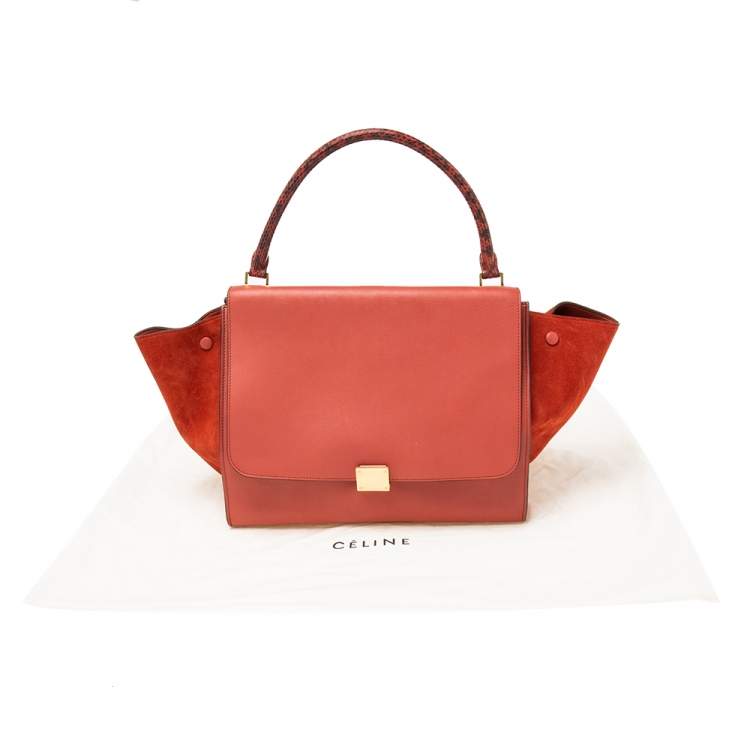 Pre Owned Celine Red Leather and Suede Large Trapeze Top Handle Bag