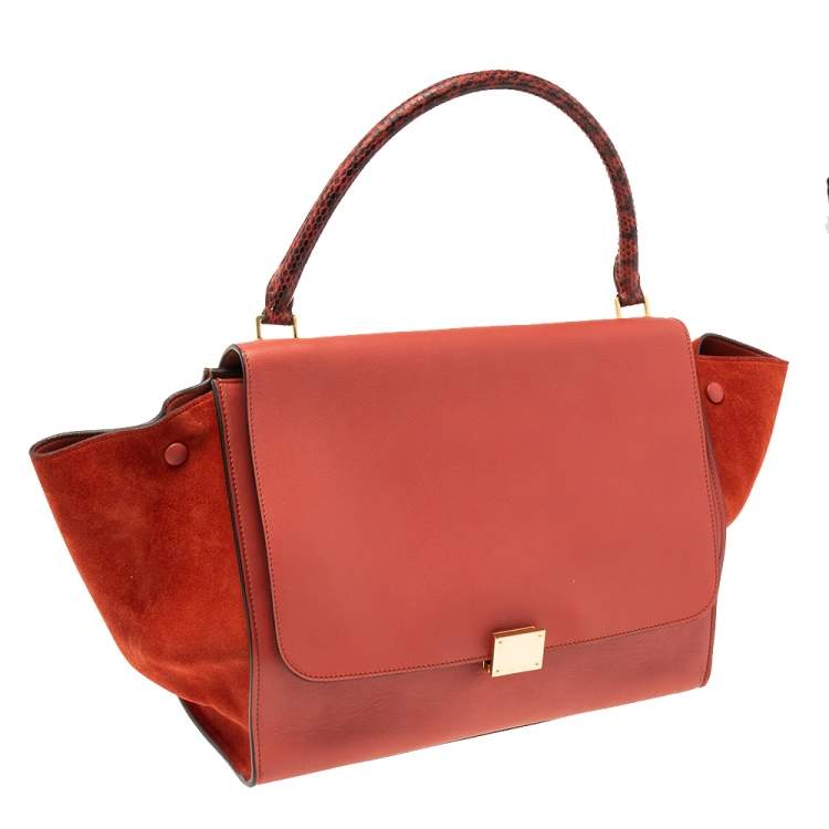 Pre Owned Celine Red Leather and Suede Large Trapeze Top Handle Bag