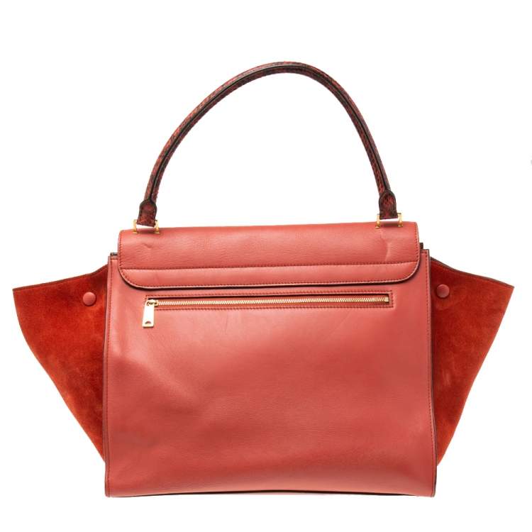 Pre Owned Celine Red Leather and Suede Large Trapeze Top Handle Bag