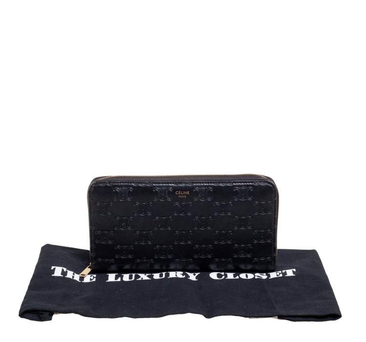 Pre Owned Celine Black Macadam Embossed Leather Zip Around Continental Wallet