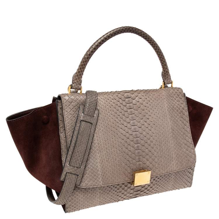 Pre Owned Celine Burgundy/Grey Python and Suede Medium Trapeze Top Handle Bag
