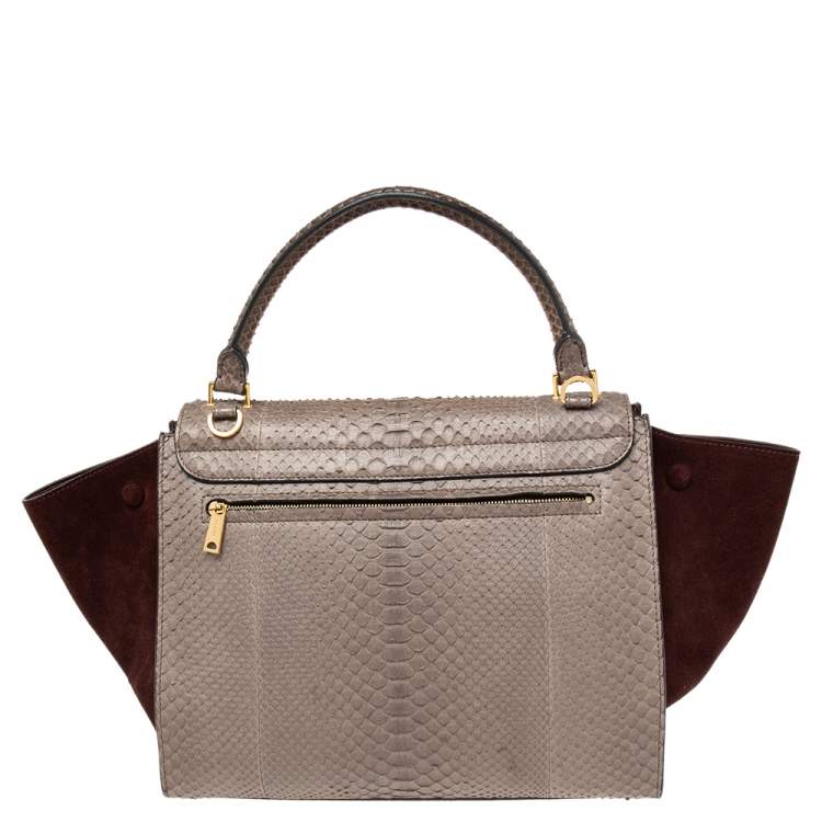 Pre Owned Celine Burgundy/Grey Python and Suede Medium Trapeze Top Handle Bag