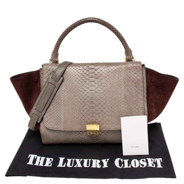 Pre Owned Celine Burgundy/Grey Python and Suede Medium Trapeze Top Handle Bag
