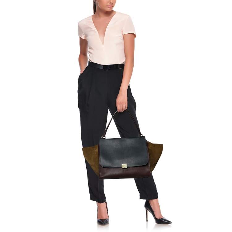 Pre Owned Celine Tri-Color Leather And Suede Large Trapeze Top Handle Bag