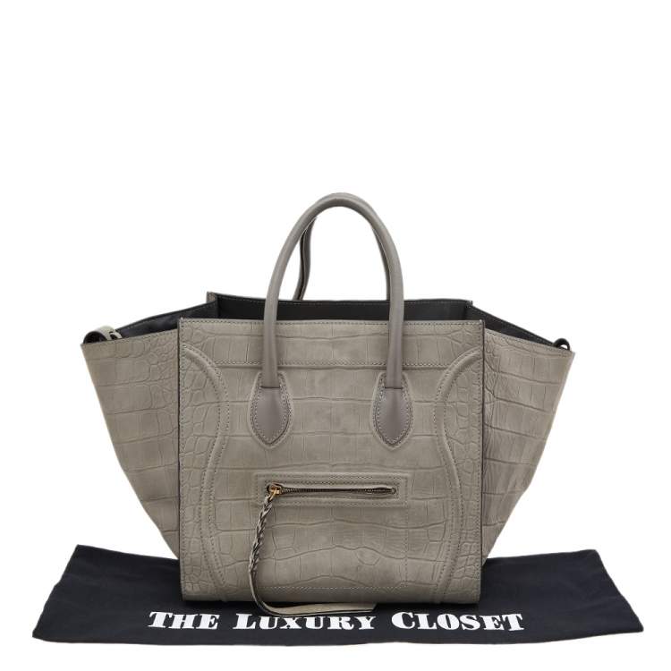 Pre Owned Celine Grey Croc Embossed Leather Medium Phantom Luggage Tote