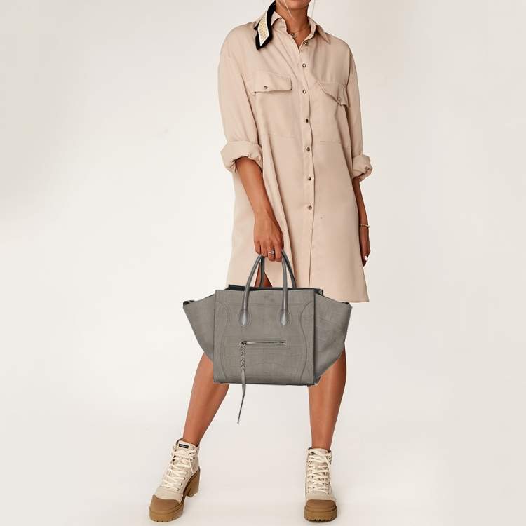 Pre Owned Celine Grey Croc Embossed Leather Medium Phantom Luggage Tote