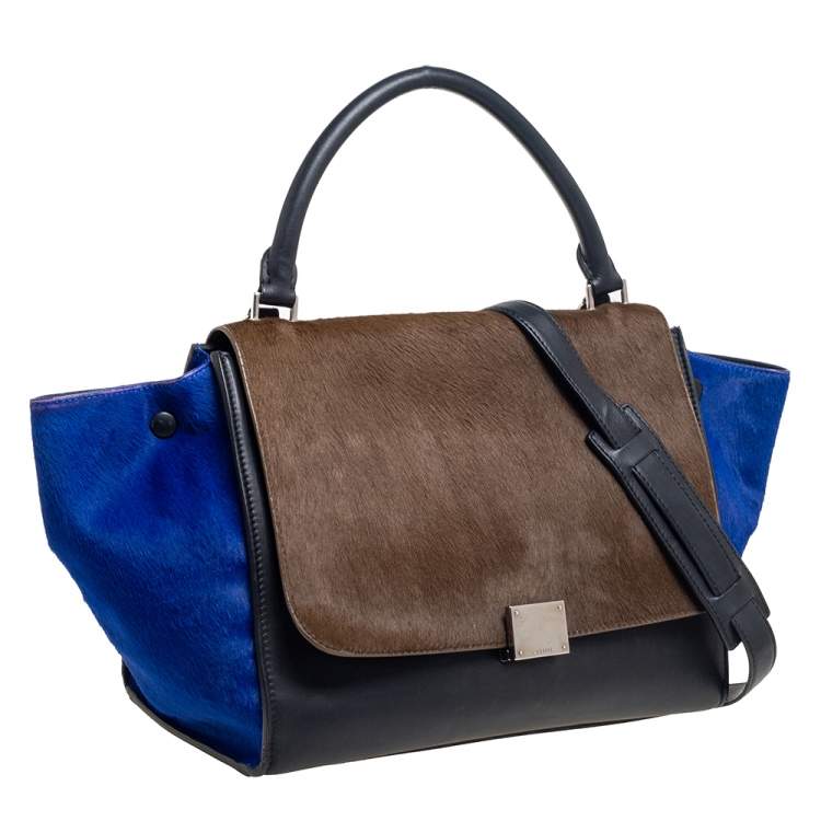 Pre Owned Celine Tri Color Leather And Pony Hair Medium Trapeze Top Handle Bag